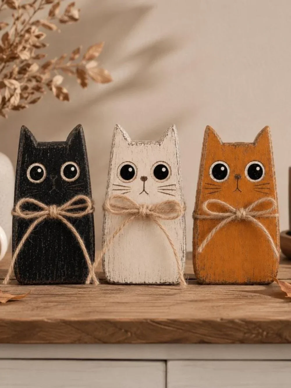 2D Wooden Cat Blocks Set, 3ps Halloween Wooden Rustic Shelf Sitter